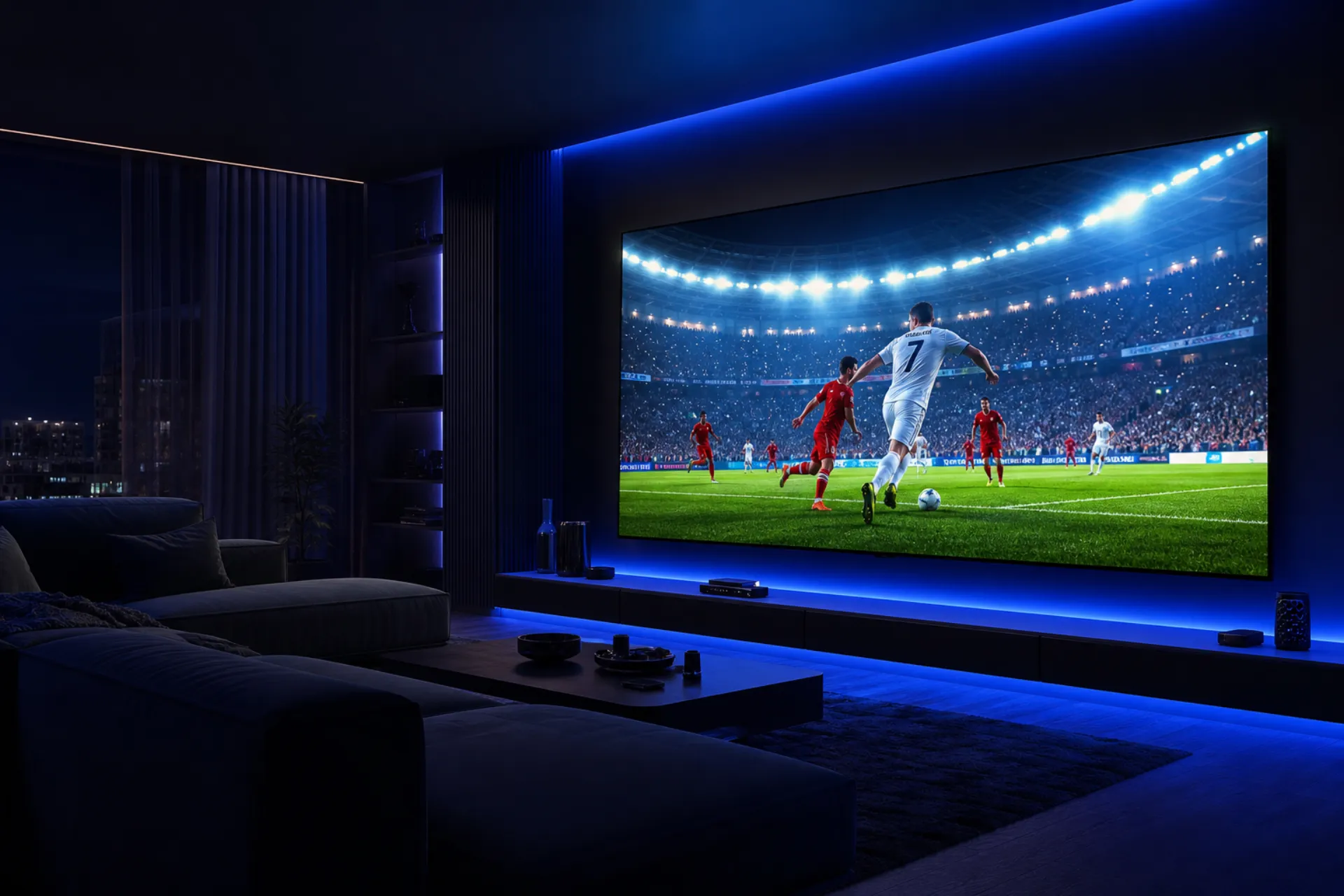 Live football match streaming in 4K on a premium home theater with IPTV